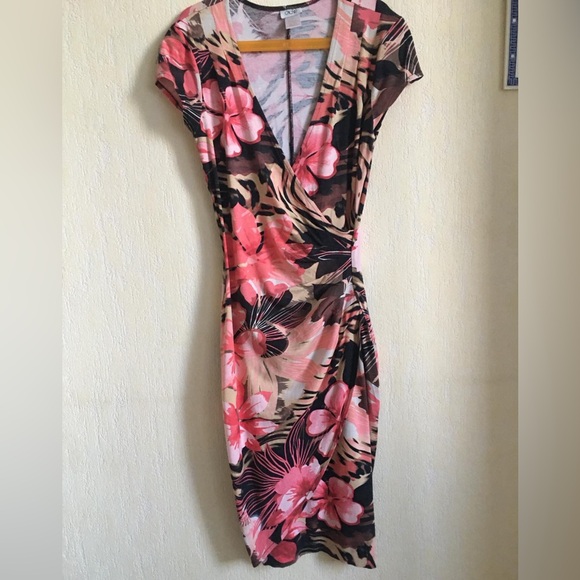 Cache Tropical Floral Wrap Dress - Pink and Brown. Size XS - Picture 6 of 9